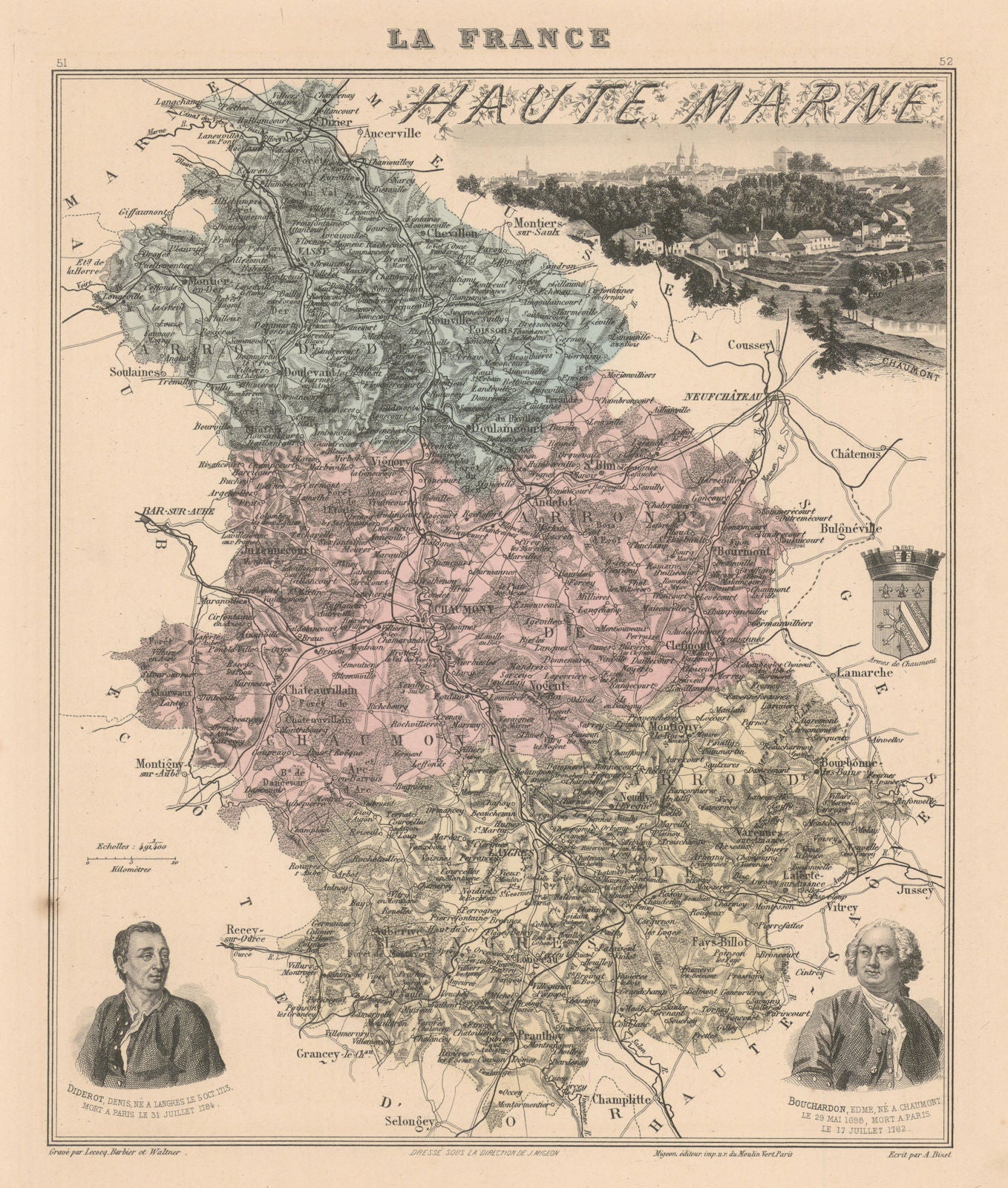 Haute-Marne département. Chaumont vignette. Vuillemin 1890 old antique map